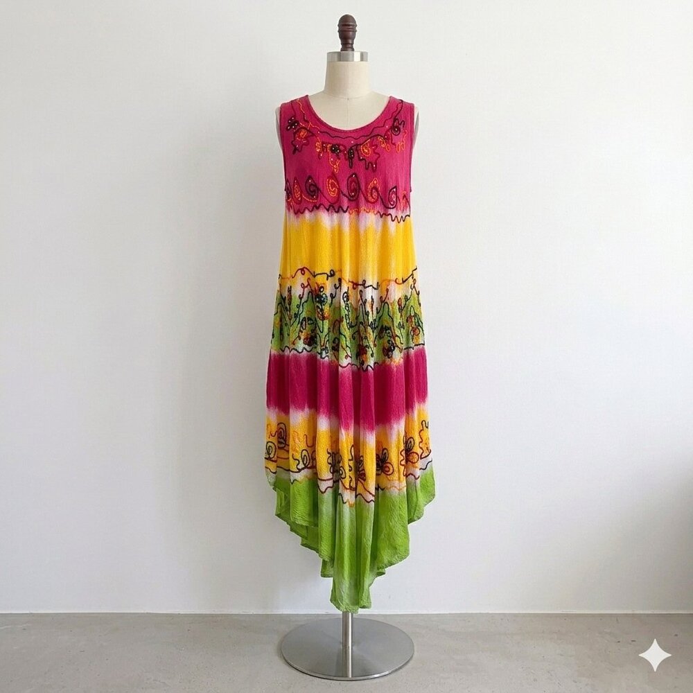 Tie-Dye Seven Islands Dress Midi Beach Floral Pink Green Yellow Boho Hippy